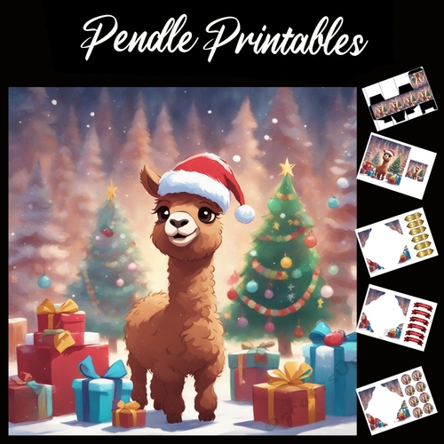 Cute Christmas Alpaca 7x7 Card Kit. Matching Box, Gift Bauble,Tag