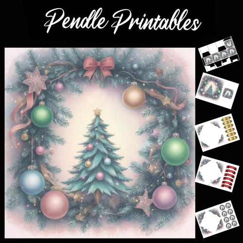 Lovely Christmas Tree In Wreath 7x7 Card Kit. Matching Box, Gift Bauble,Tag