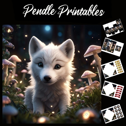 Beautiful Snow Wolf Cub 7x7 Card Kit. Matching Box, Gift Bauble,Tag