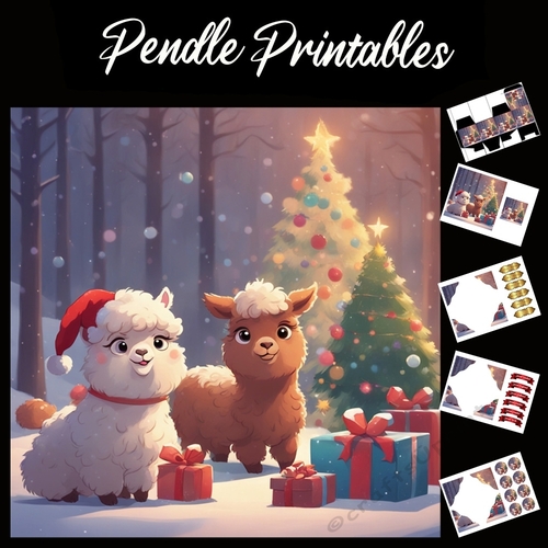 Two Fluffy Llamas 7x7 Card Kit. Matching Box, Gift Bauble,Tag