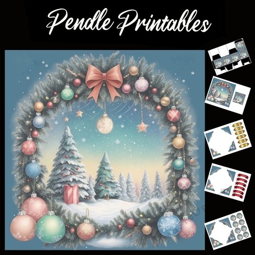 Christmas Tree Scene Inside A Wreath 7x7 Card Kit. Matching Box, Gift Bauble,Tag
