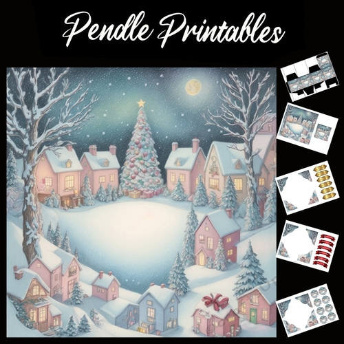 The Little Christmas Town 7x7 Card Kit. Matching Box, Gift Bauble,Tag