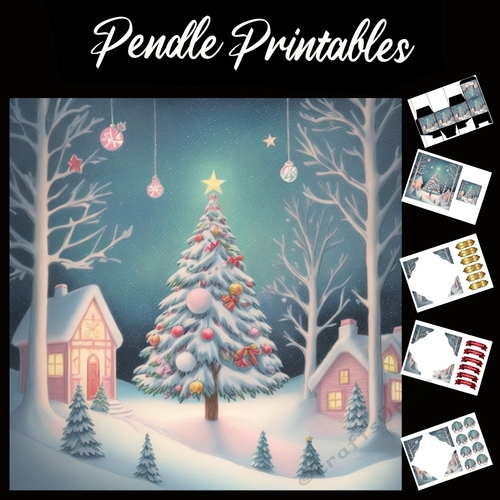 Christmas Tree And The Cottages 7x7 Card Kit. Matching Box, Gift Bauble,Tag