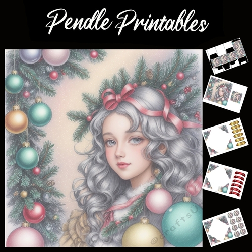 Young Girl Next To Christmas Tree 7x7 Card Kit. Matching Box, Gift Bauble,Tag