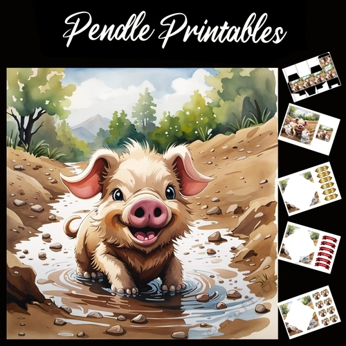 Playing In The Mud Cute Happy Pig  7x7 Card Kit. Matching Box, Gift Bauble,Tag