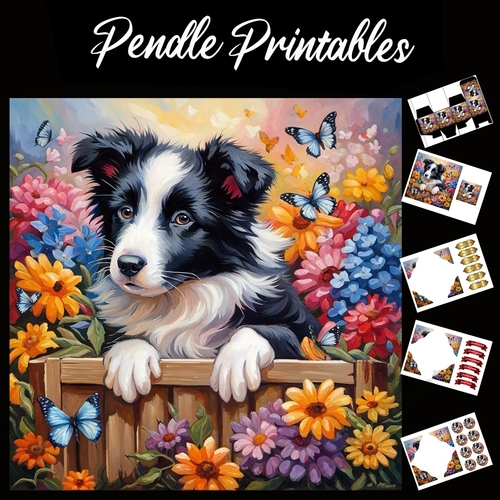 Garden Gate Collie 7x7 Card Kit. Matching Box, Gift Bauble,Tag