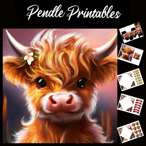 Cute Cow Painting 7x7 Card Kit. Matching Box, Gift Bauble,Tag