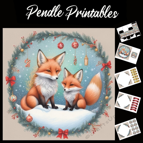 The Fox And The Cub Christmas Wreath 7x7 Card Kit. Matching Box, Gift Bauble,Tag