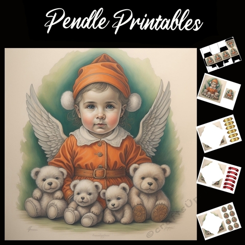Teddies Christmas Angel 7x7 Card Kit. Matching Box, Gift Bauble,Tag