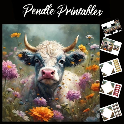 Bull And The Flowers 7x7 Card Kit. Matching Box, Gift Bauble,Tag
