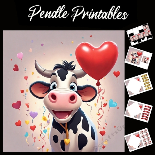 Cute Heart Balloons Cow 7x7 Card Kit. Matching Box, Gift Bauble,Tag