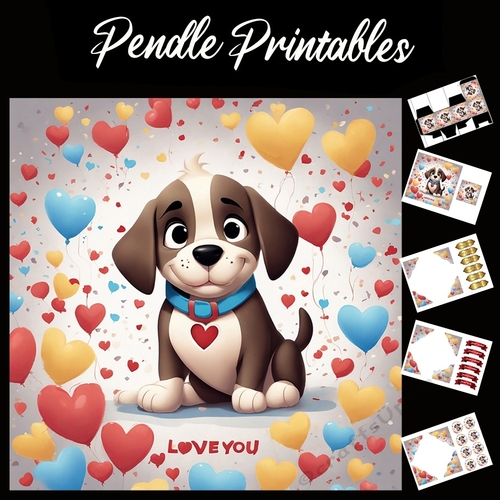 Love You Cute Puppy 7x7 Card Kit. Matching Box, Gift Bauble,Tag