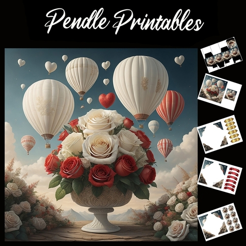 Roses And Balloons 7x7 Card Kit. Matching Box, Gift Bauble,Tag