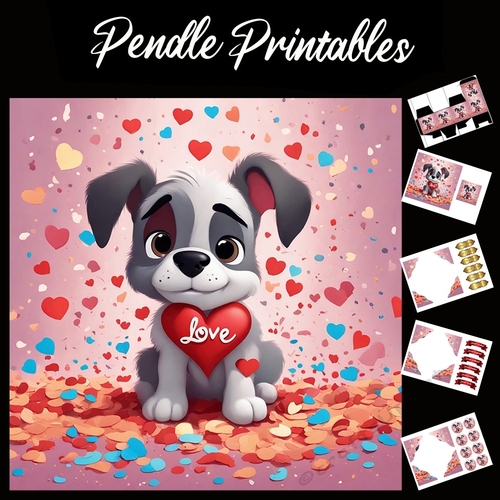 Grey And White Puppy Heart Love7x7 Card Kit. Matching Box, Gift Bauble,Tag