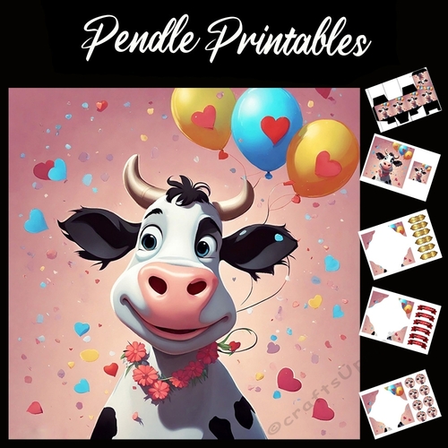 Love Hearts Balloon Cow 7x7 Card Kit. Matching Box, Gift Bauble,Tag