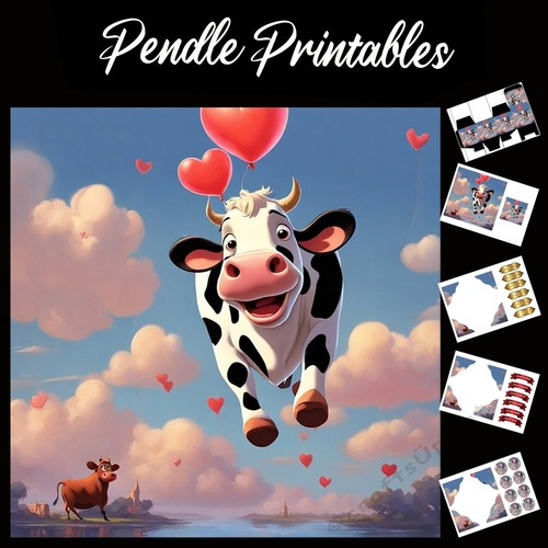 Flying Love Heart Balloons Cow 7x7 Card Kit. Matching Box, Gift Bauble,Tag