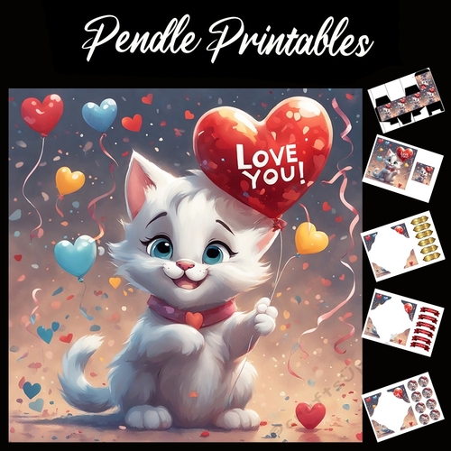 Cute White Kitten Love You In Heart 7x7 Card Kit. Matching Box, Gift Bauble,Tag