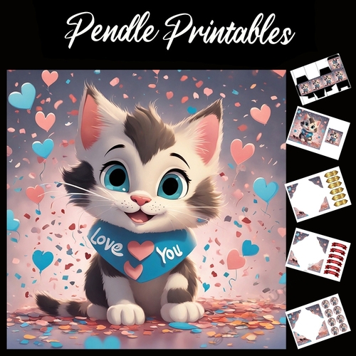 Cute Kitten Love You Collar 7x7 Card Kit. Matching Box, Gift Bauble,Tag