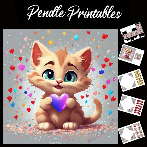 Cute Kitten Holding A Purple Heart 7x7 Card Kit. Matching Box, Gift Bauble,Tag