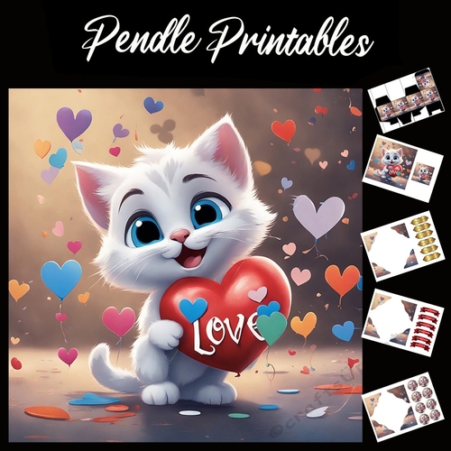 Cute White Kitten With heart Love 7x7 Card Kit. Matching Box, Gift Bauble,Tag