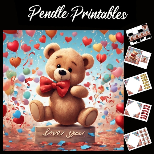 Love You Teddy Bear 7x7 Card Kit. Matching Box, Gift Bauble,Tag