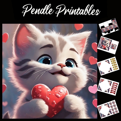 Cute Love Heart Kitten 7x7 Card Kit. Matching Box, Gift Bauble,Tag