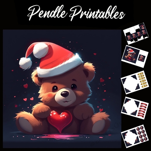 Love At Christmas Cute Teddy Bear 7x7 Card Kit. Matching Box, Gift Bauble,Tag