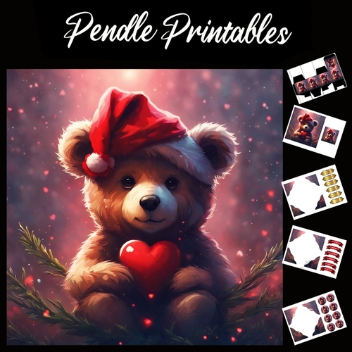 Cute Christmas Bear On A Tree 7x7 Card Kit. Matching Box, Gift Bauble,Tag