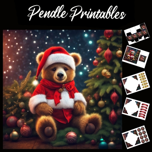 Cute Santa Claus Bear 7x7 Card Kit. Matching Box, Gift Bauble,Tag