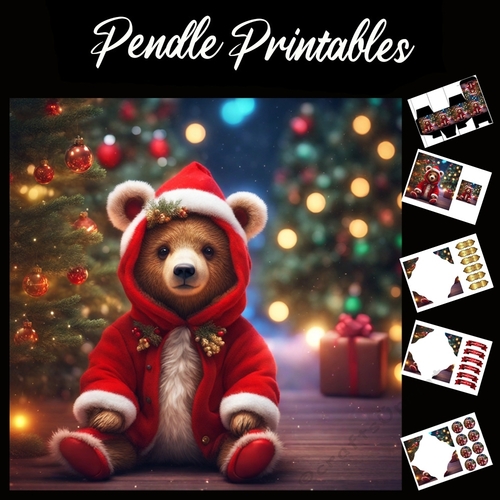 Cute Christmas Bear In A Santa Robe 7x7 Card Kit. Matching Box, Gift Bauble,Tag