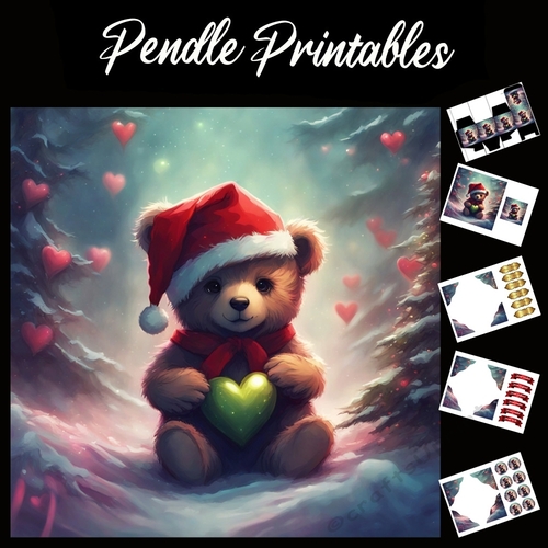 Cute Teddy Holding Green Heart 7x7 Card Kit. Matching Box, Gift Bauble,Tag