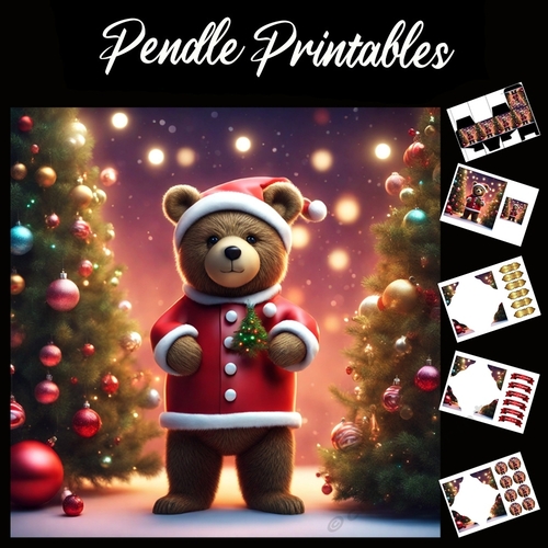 Christmas Tree Bear 7x7 Card Kit. Matching Box, Gift Bauble,Tag