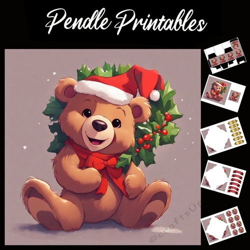 Cute Happy Holly Bear 7x7 Card Kit. Matching Box, Gift Bauble,Tag