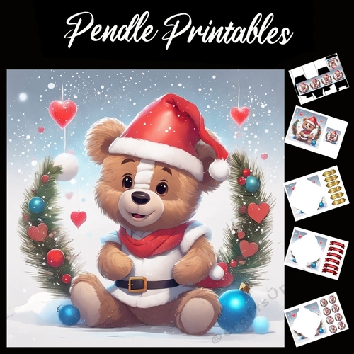Cute Teddy With Hearts And Wreath 7x7 Card Kit. Matching Box, Gift Bauble,Tag