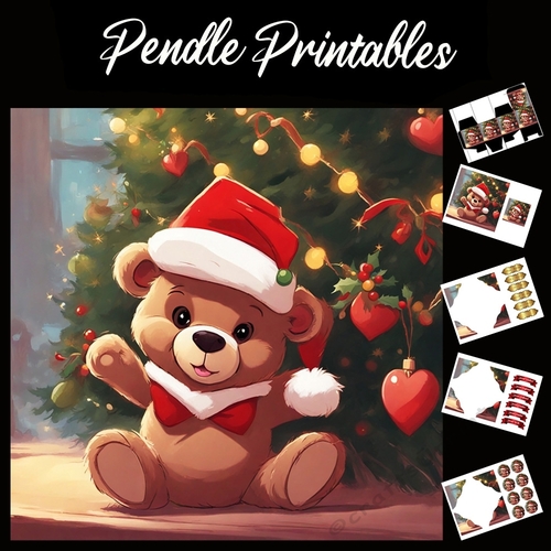 Red Bow Tie Christmas Bear 7x7 Card Kit. Matching Box, Gift Bauble,Tag
