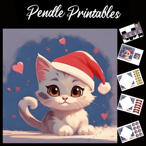 Cute Christmas Kitten 7x7 Card Kit. Matching Box, Gift Bauble,Tag