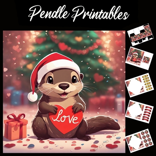 Cute Christmas Otter Love In Heart 7x7 Card Kit. Matching Box, Gift Bauble,Tag