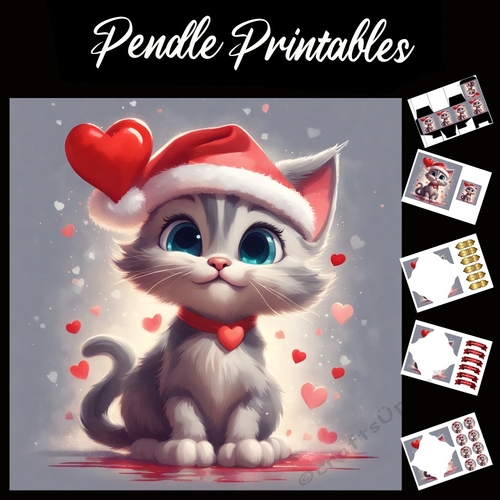 Cute Christmas Grey Kitten With Heart 7x7 Card Kit. Matching Box, Gift Bauble,Tag
