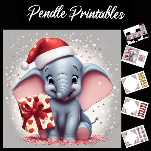 Cute Christmas Baby Elephant Holding Gift 7x7 Card Kit. Matching Box, Gift Bauble,Tag