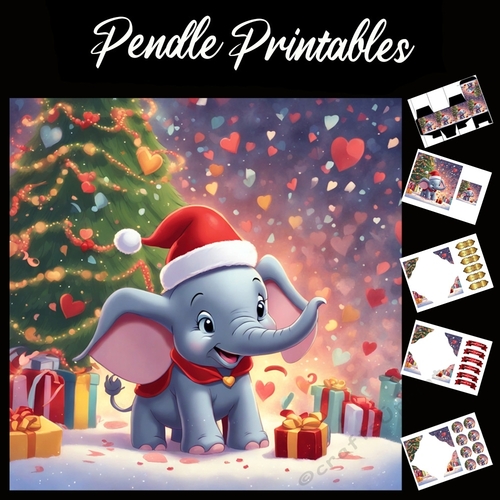Cute Christmas Caped Baby Elephant 7x7 Card Kit. Matching Box, Gift Bauble,Tag