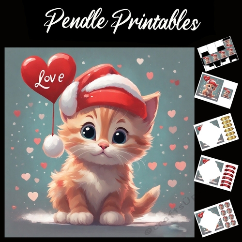 Cute Kitten With Love Heart Balloon 7x7 Card Kit. Matching Box, Gift Bauble,Tag