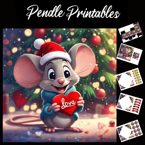 Cute Christmas Mouse/Rat With Love Heart 7x7 Card Kit. Matching Box, Gift Bauble,Tag