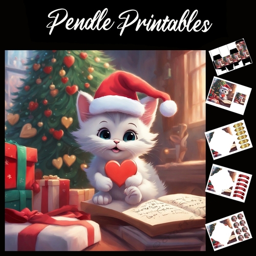 Cute Christmas White Kitten With Heart 7x7 Card Kit. Matching Box, Gift Bauble,Tag