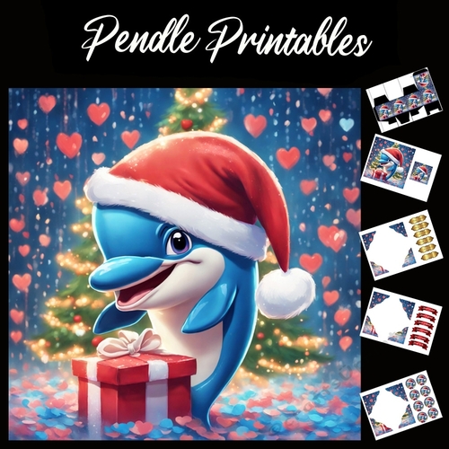 Cute Christmas Dolphin With Gift 7x7 Card Kit. Matching Box, Gift Bauble,Tag
