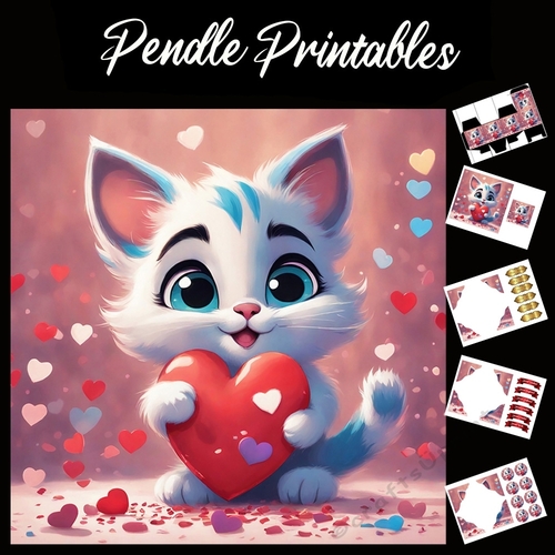 Cute Valentines Kitten Holding Heart 7x7 Card Kit. Matching Box, Gift Bauble,Tag