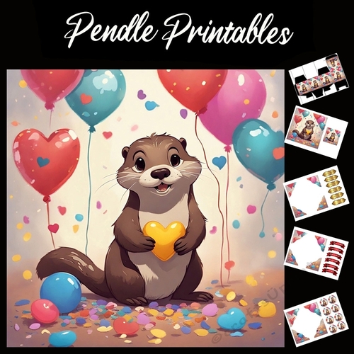 Golden Heart Cute Otter 7x7 Card Kit. Matching Box, Gift Bauble,Tag
