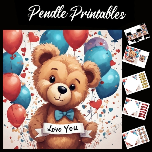 Cute Love You Teddy Bear 7x7 Card Kit. Matching Box, Gift Bauble,Tag