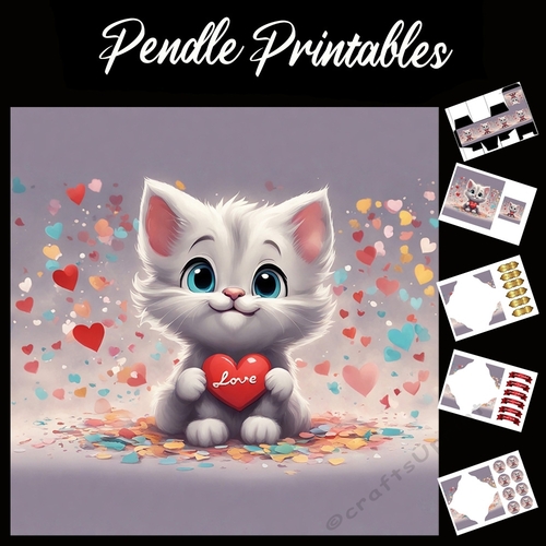 Cute Love In Heart White Kitten 7x7 Card Kit. Matching Box, Gift Bauble,Tag