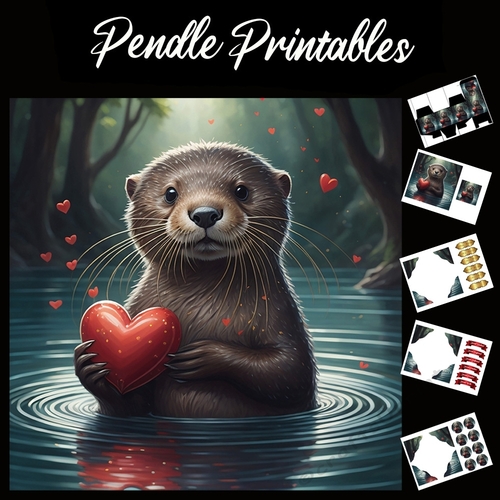 Beautiful Otter Holding Heart 7x7 Card Kit. Matching Box, Gift Bauble,Tag