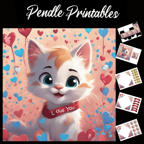 Cute Ginger And White Love You Kitten 7x7 Card Kit. Matching Box, Gift Bauble,Tag
